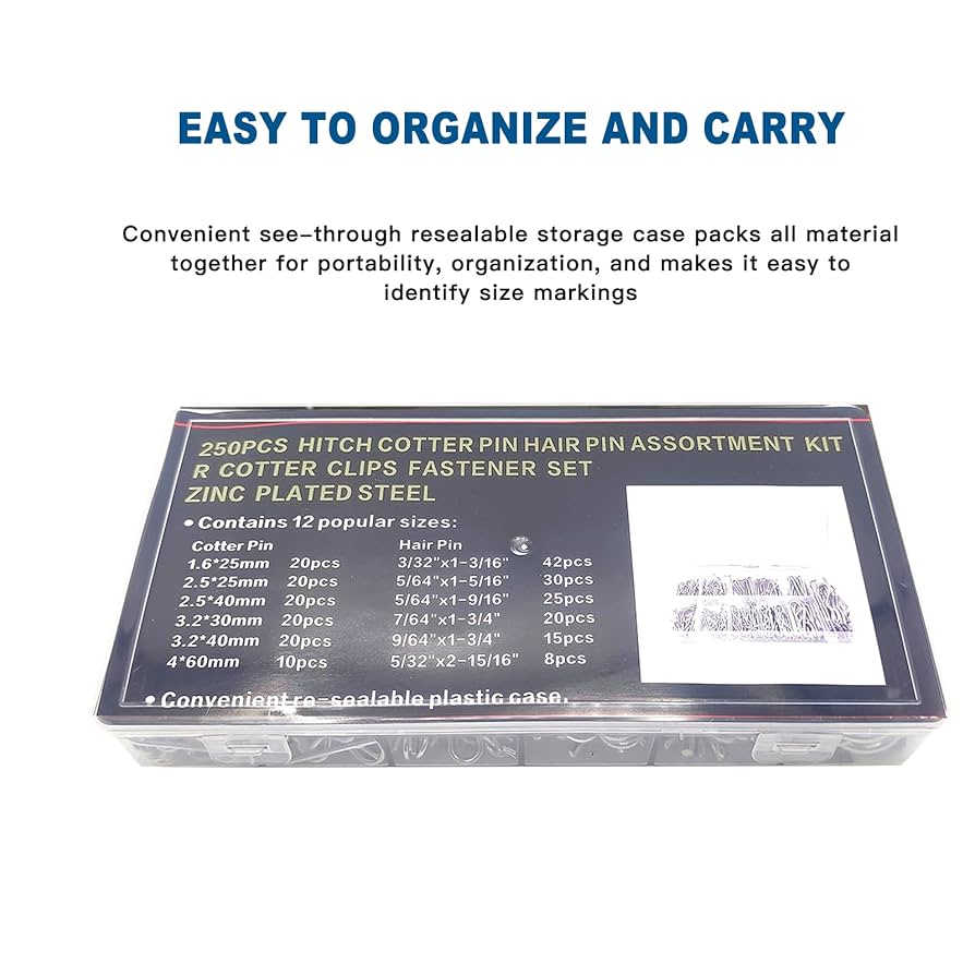 Boatsea 250Pcs Cotter Pin Assortment Kit R Clips Spring